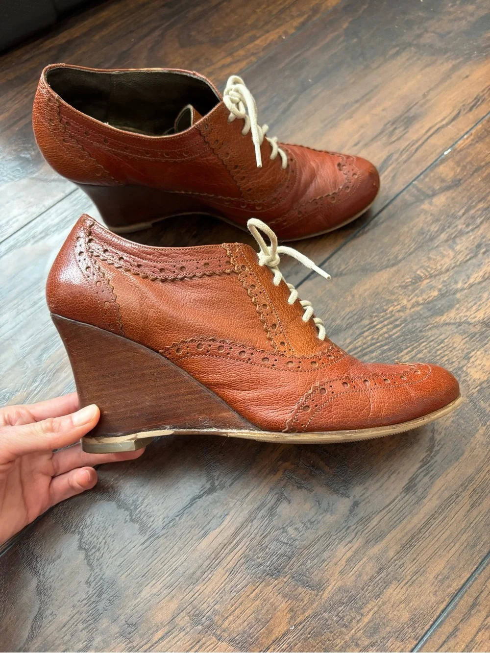 Congac Leather Lace-Up Oxford Wedges